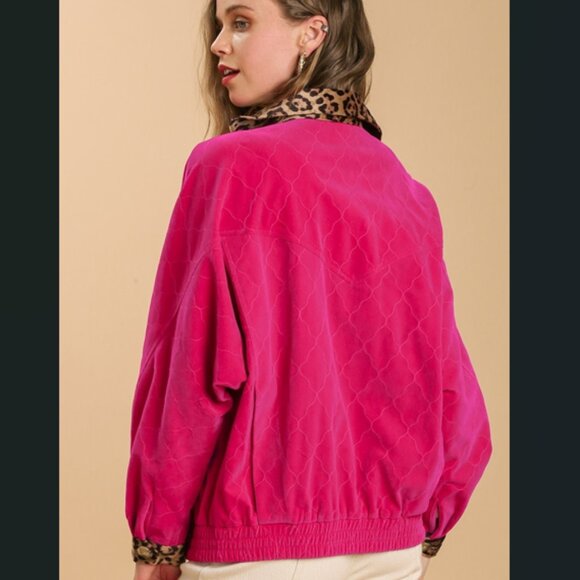 PRICE DROP - U8 Umgee Velvet Fuchsia Pink Jacket Leopard Trim Dolman Sleeves - Picture 3 of 5